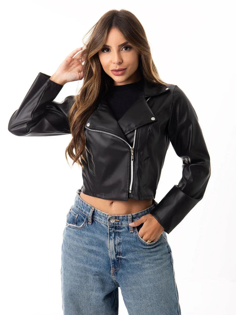 Jaqueta de Couro Sintético Feminina com Zíper